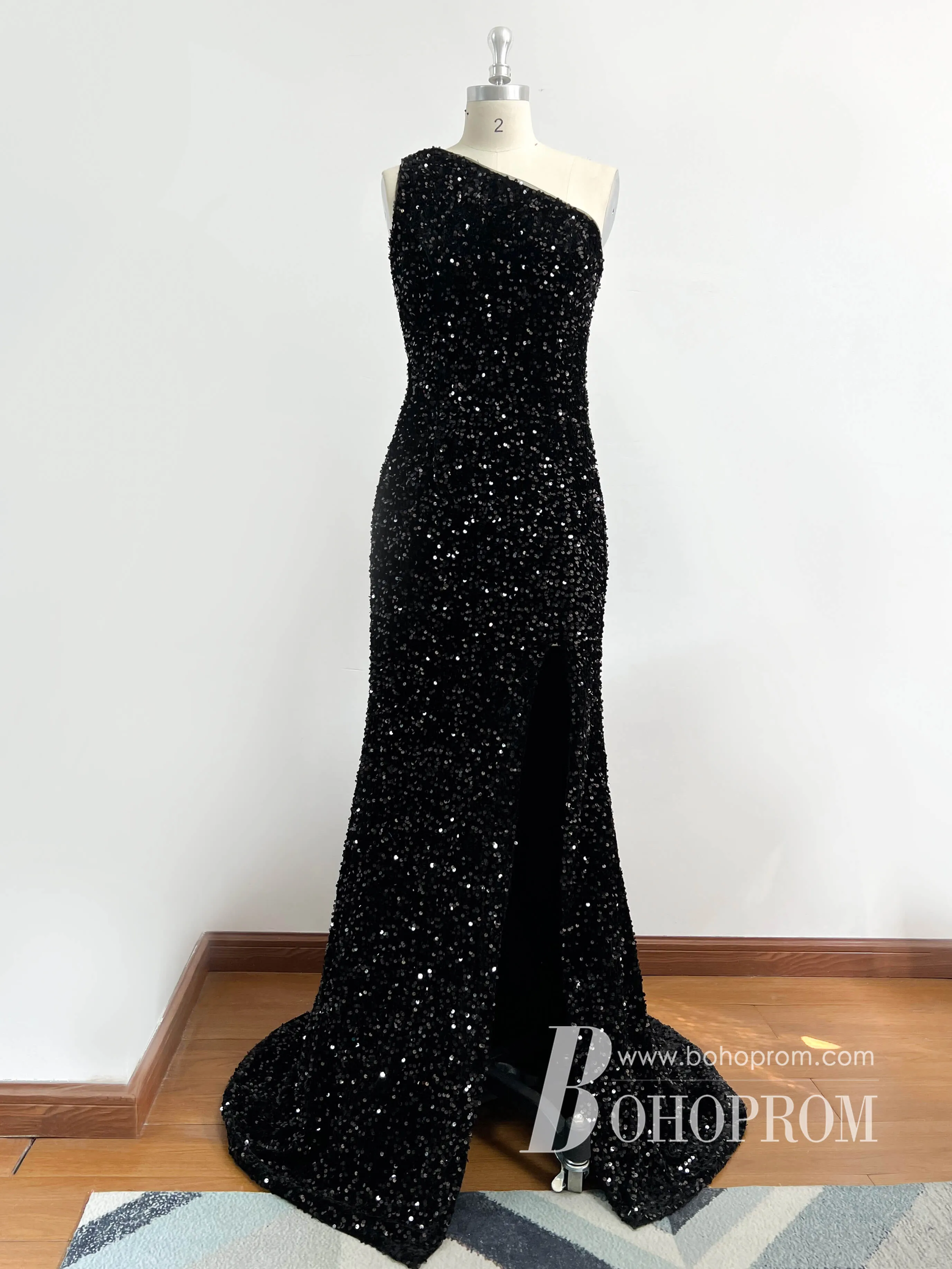 Chic Sequin Lace One Shoulder Sweep Train Mermaid Prom Dresses PD729