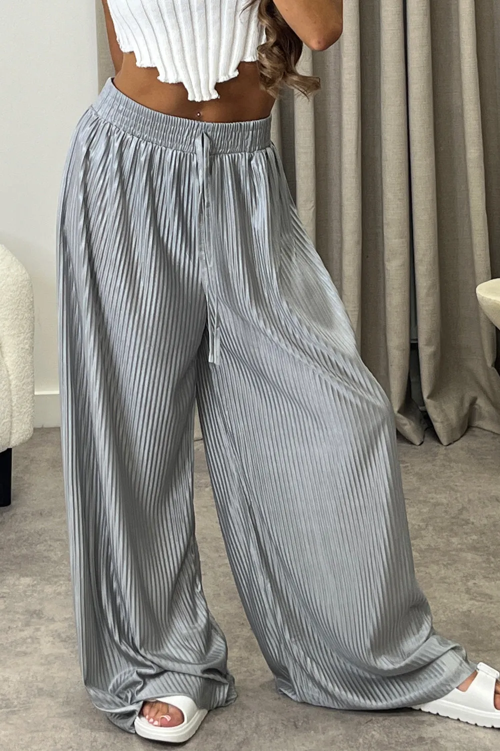 Chrissy Grey Plisse High Waisted Wide Leg Satin Trousers