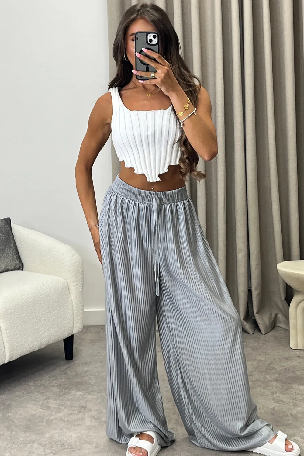 Chrissy Grey Plisse High Waisted Wide Leg Satin Trousers