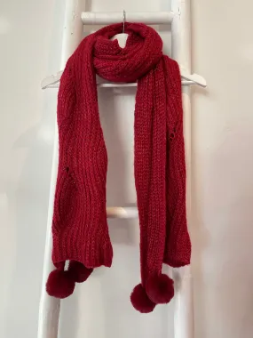 Chunky Cable Pom Pom Scarf Ruby