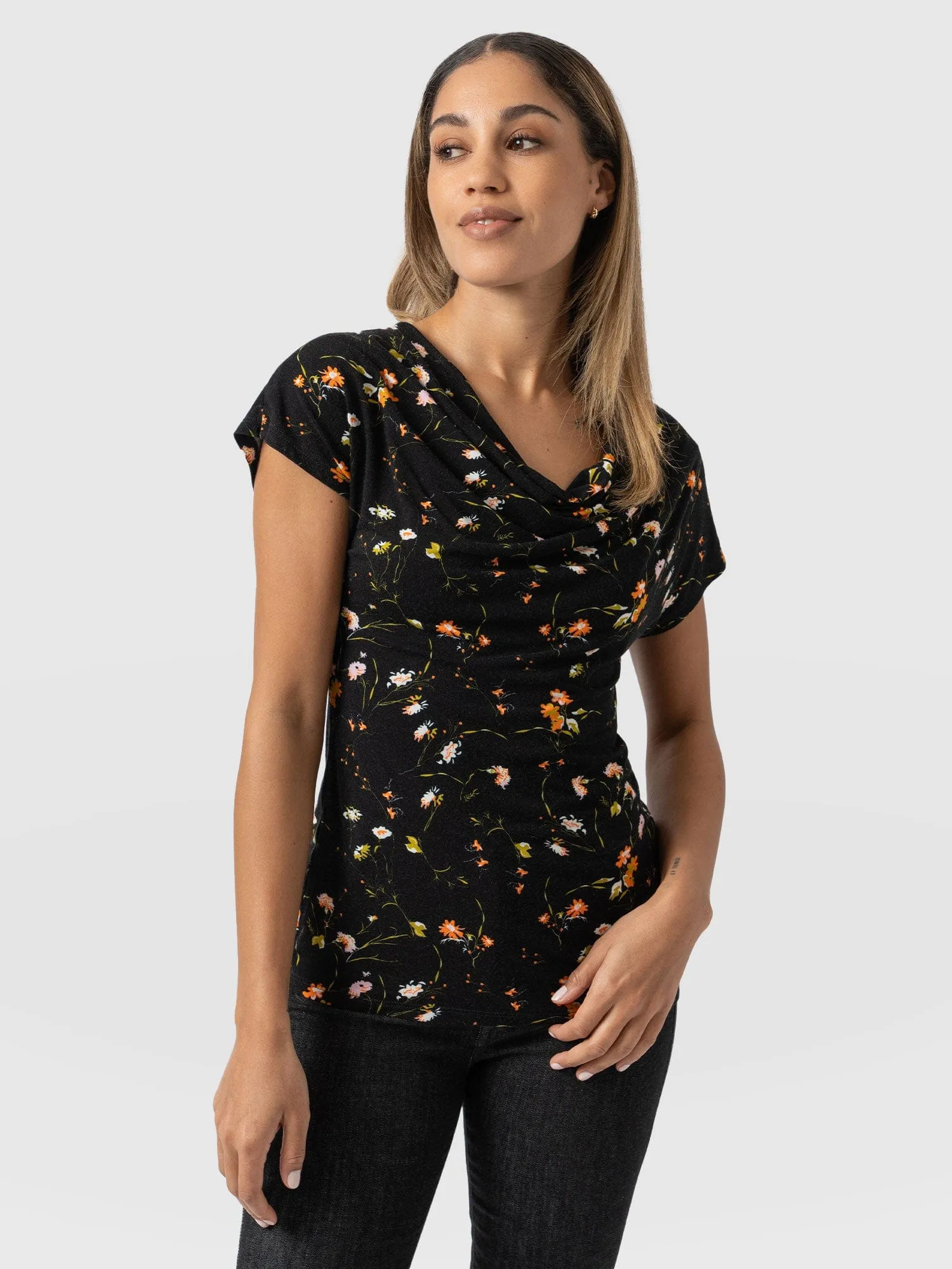 Cowl Neck Tee - Black Floral