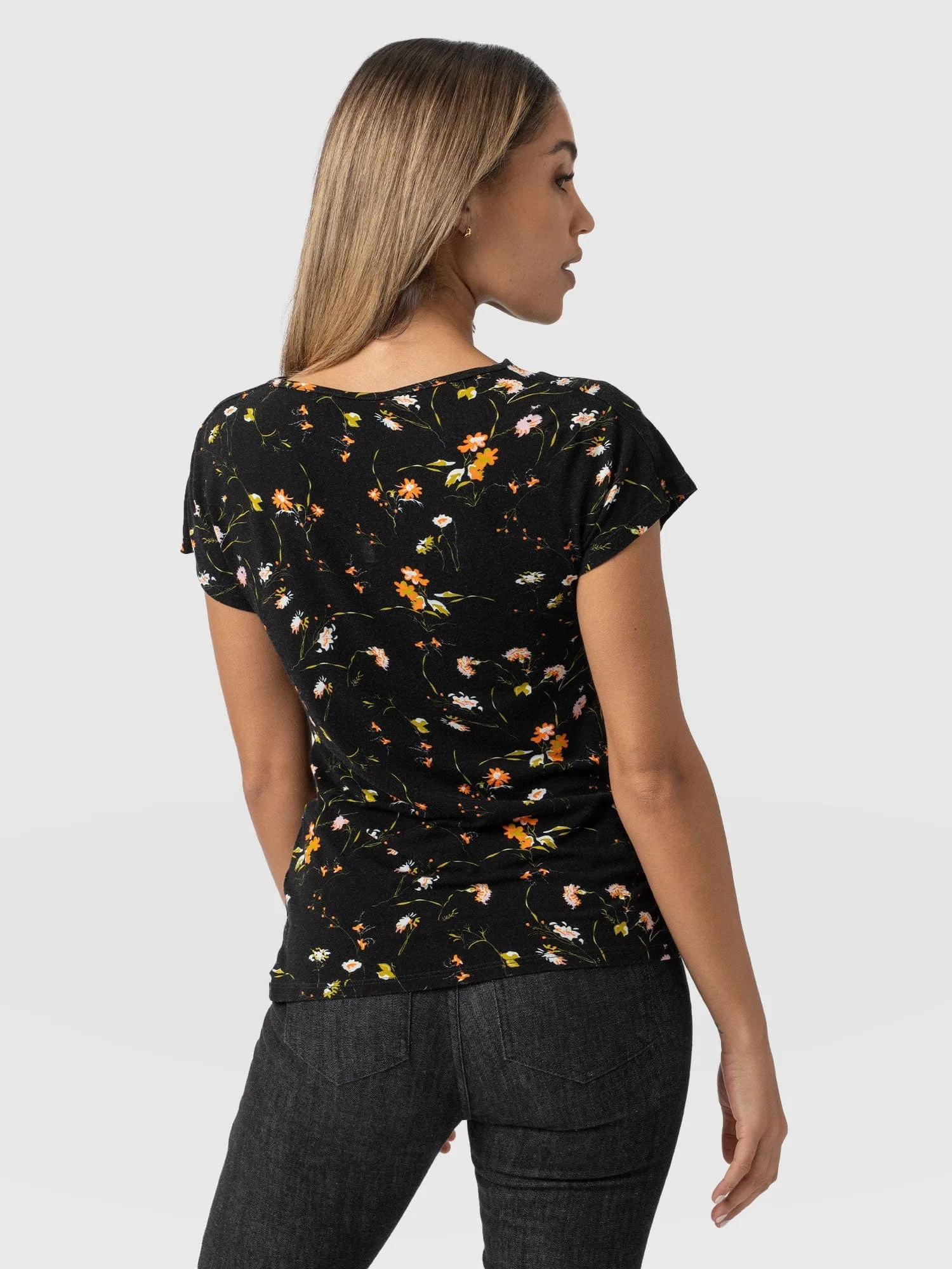 Cowl Neck Tee - Black Floral