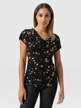 Cowl Neck Tee - Black Floral