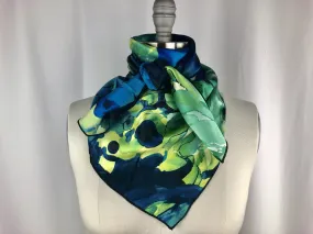 CR Blue & Green Watercolor Floral Silk Scarf 36x36