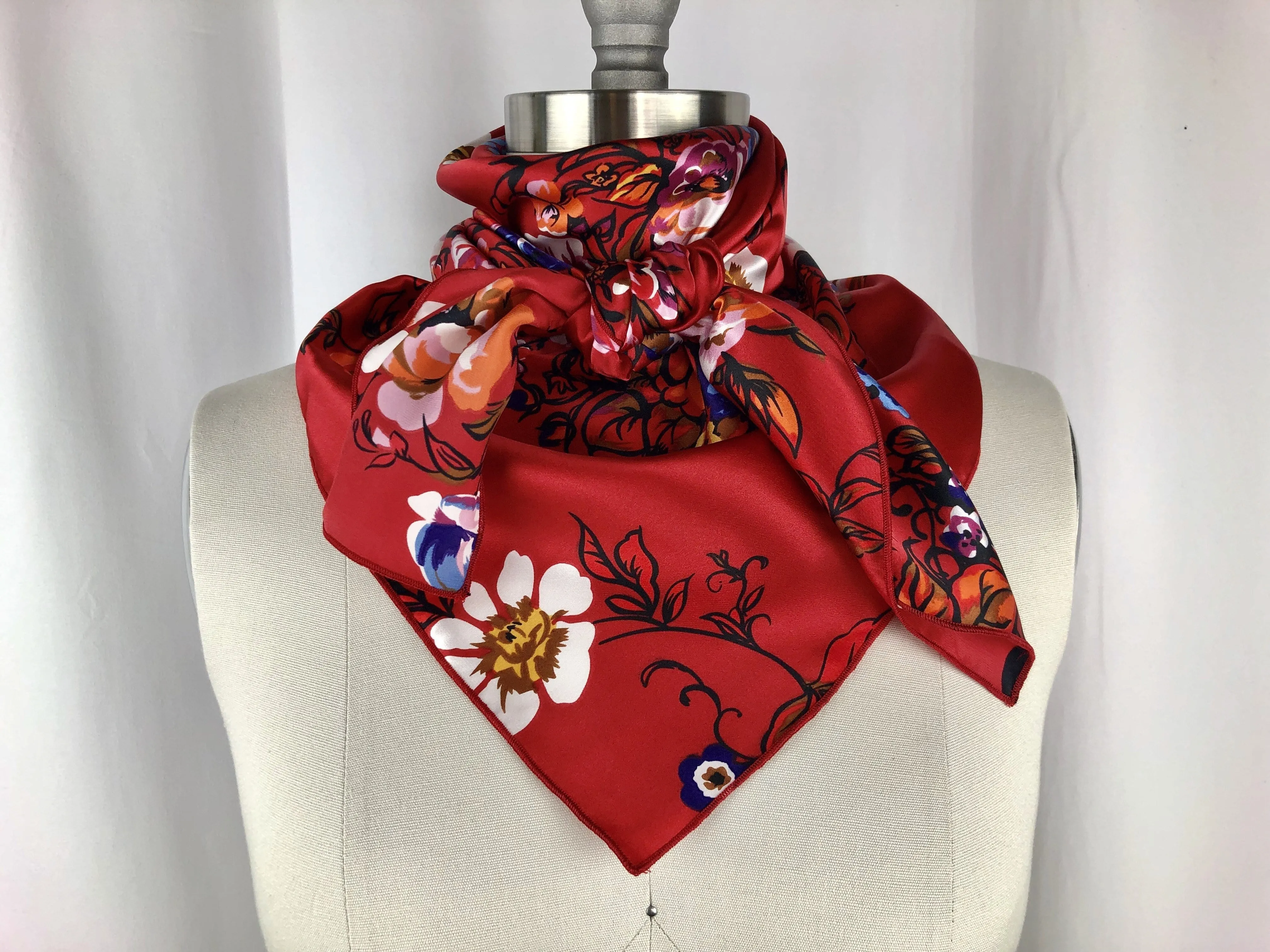 CR Bright Red Floral Silk Scarf