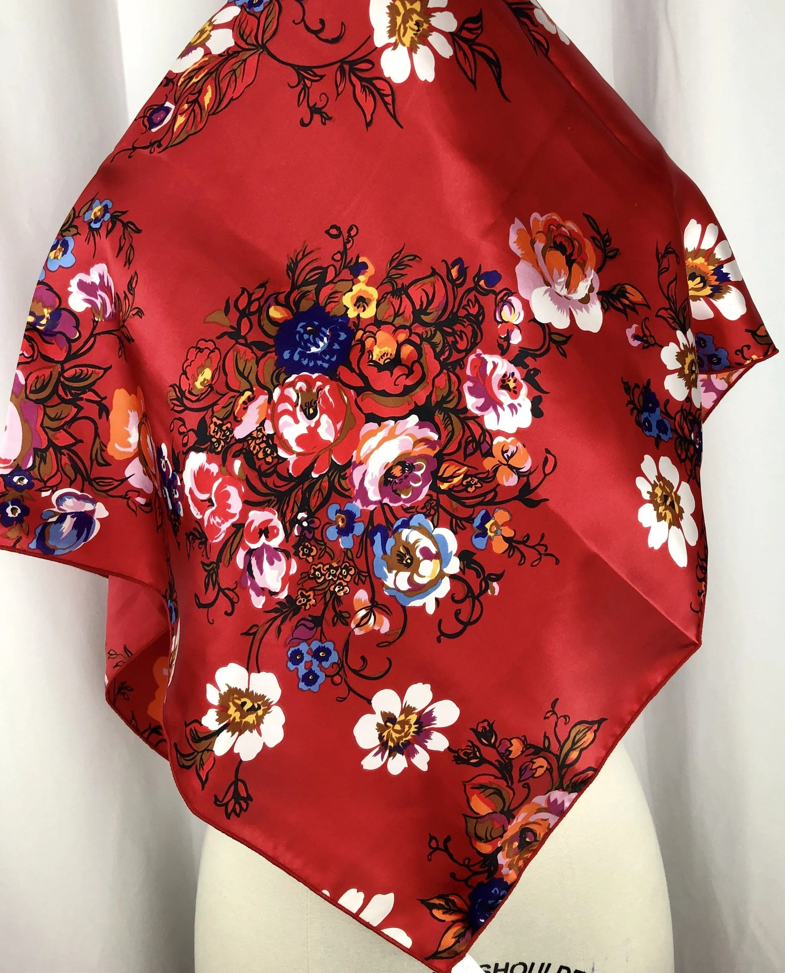 CR Bright Red Floral Silk Scarf