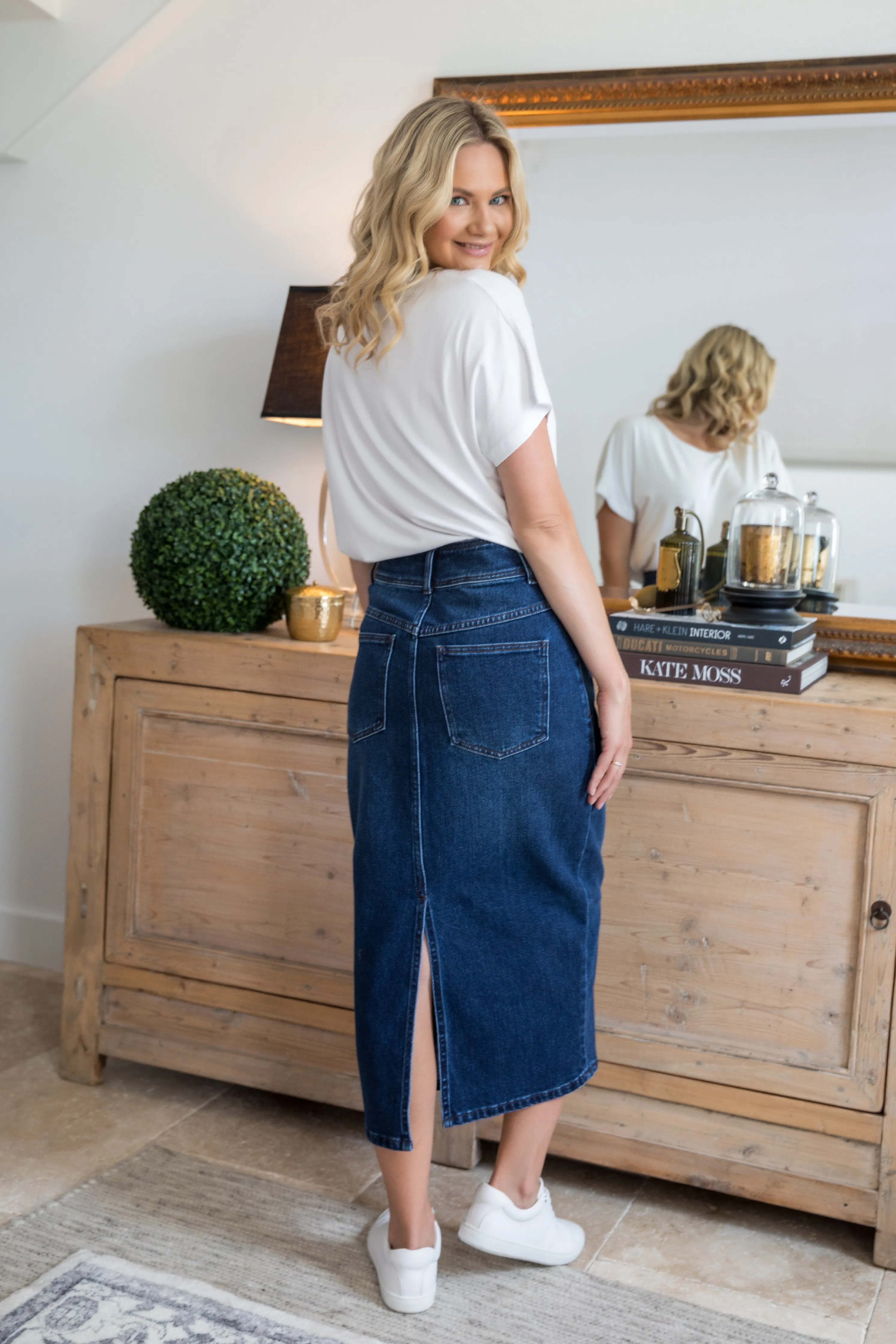 Denim Maxi Skirt in Dark Denim