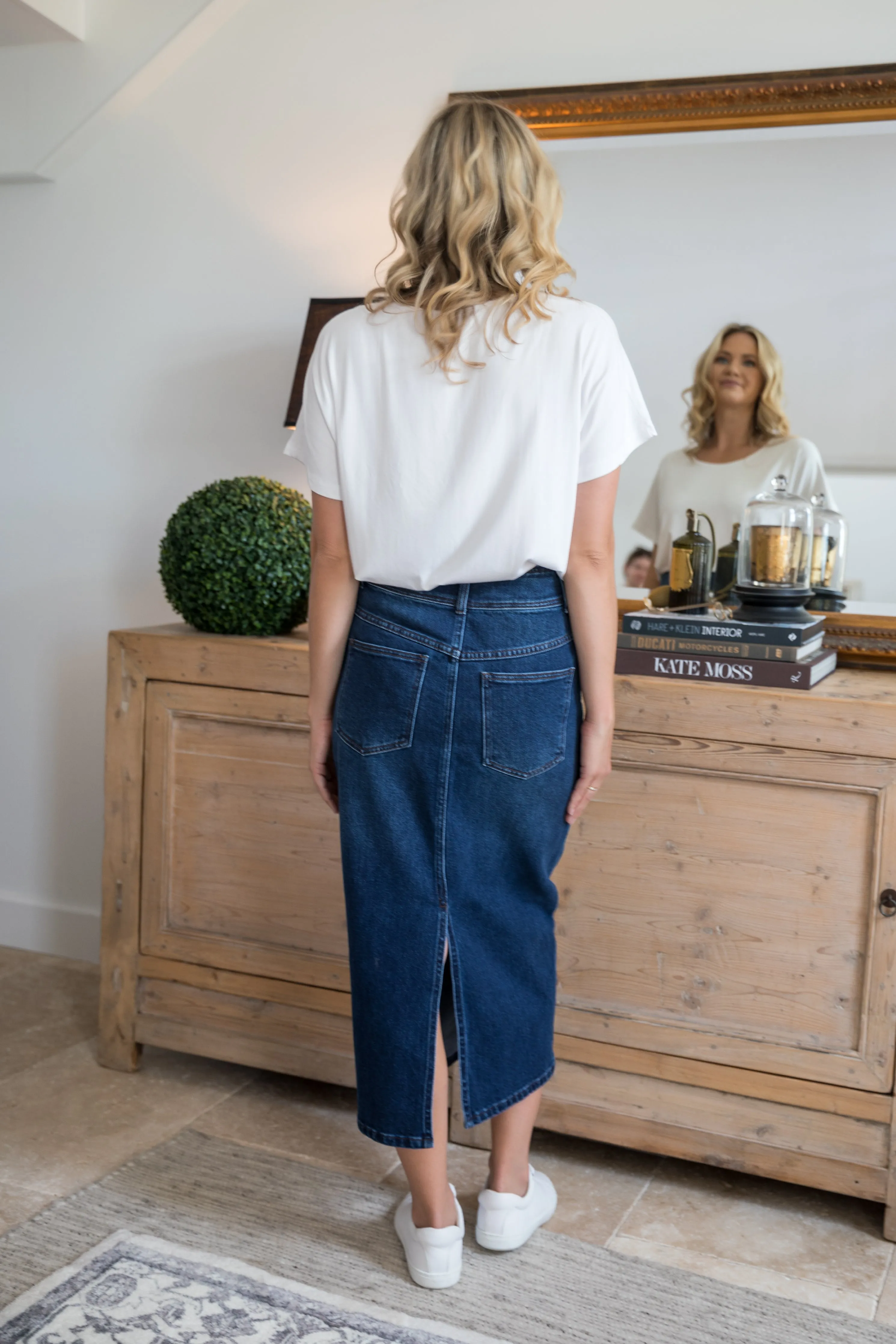 Denim Maxi Skirt in Dark Denim