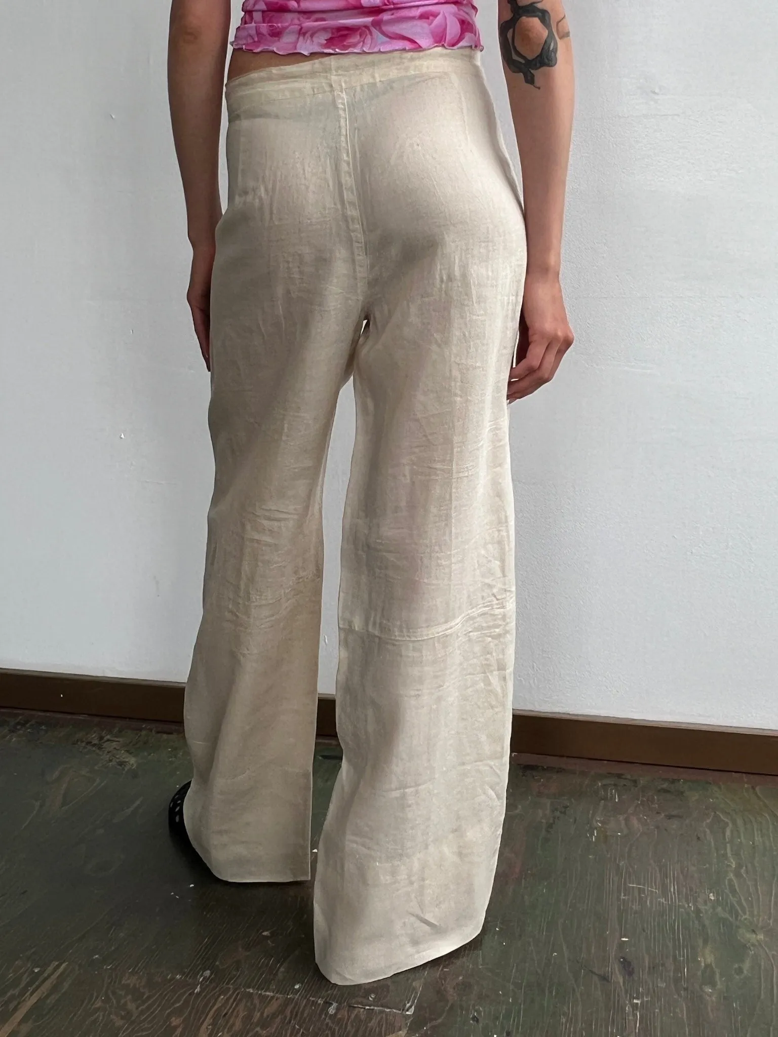 Ecru Linen Wide Leg Trousers (L)