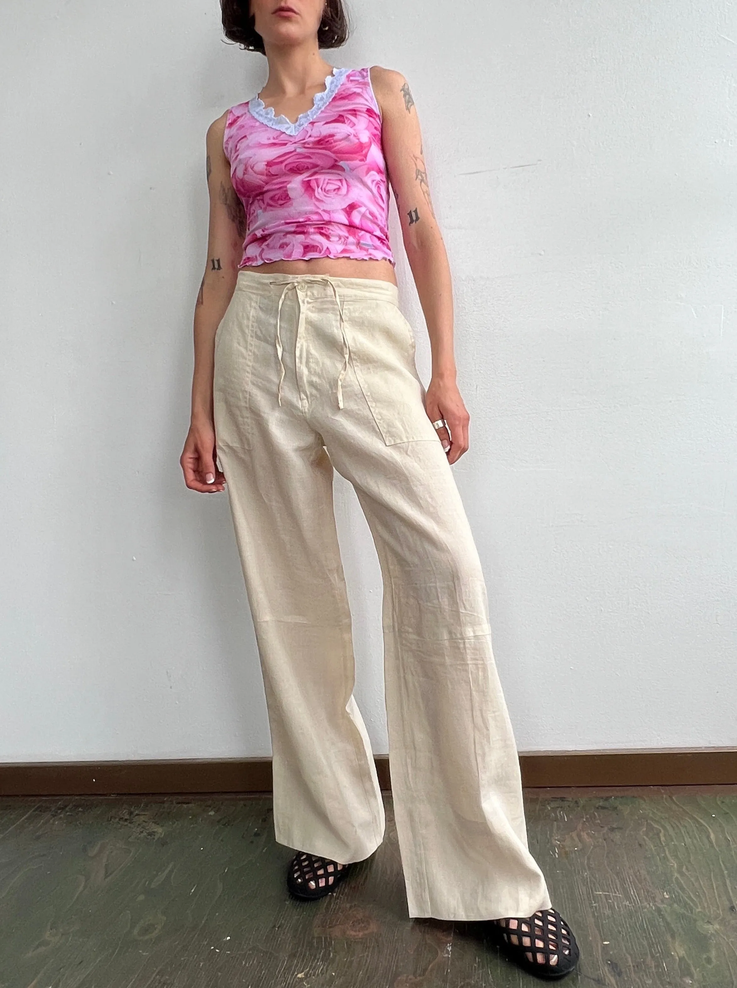 Ecru Linen Wide Leg Trousers (L)