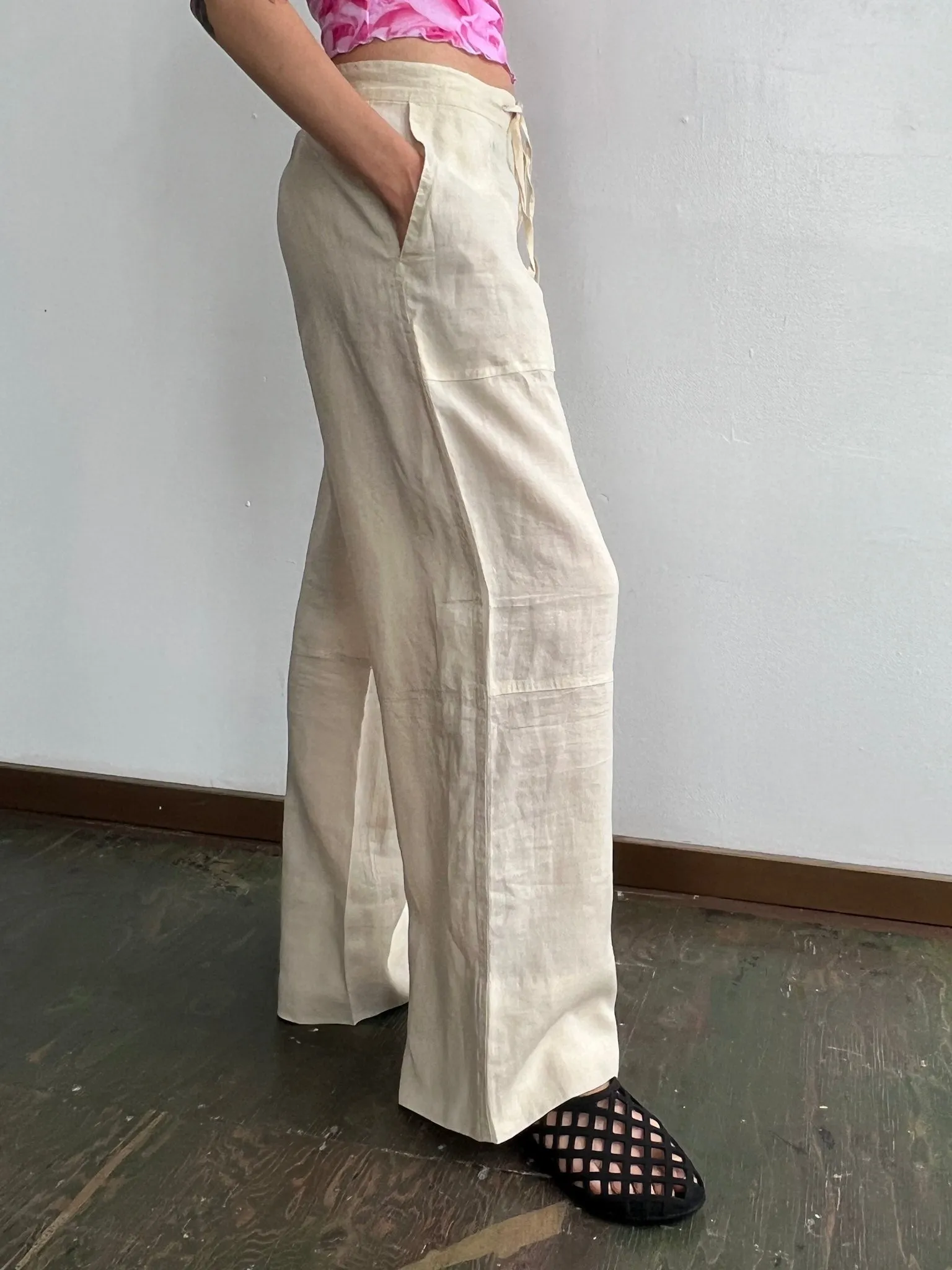 Ecru Linen Wide Leg Trousers (L)