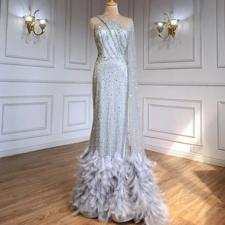 Exquisite Feather Beaded Evening Gown