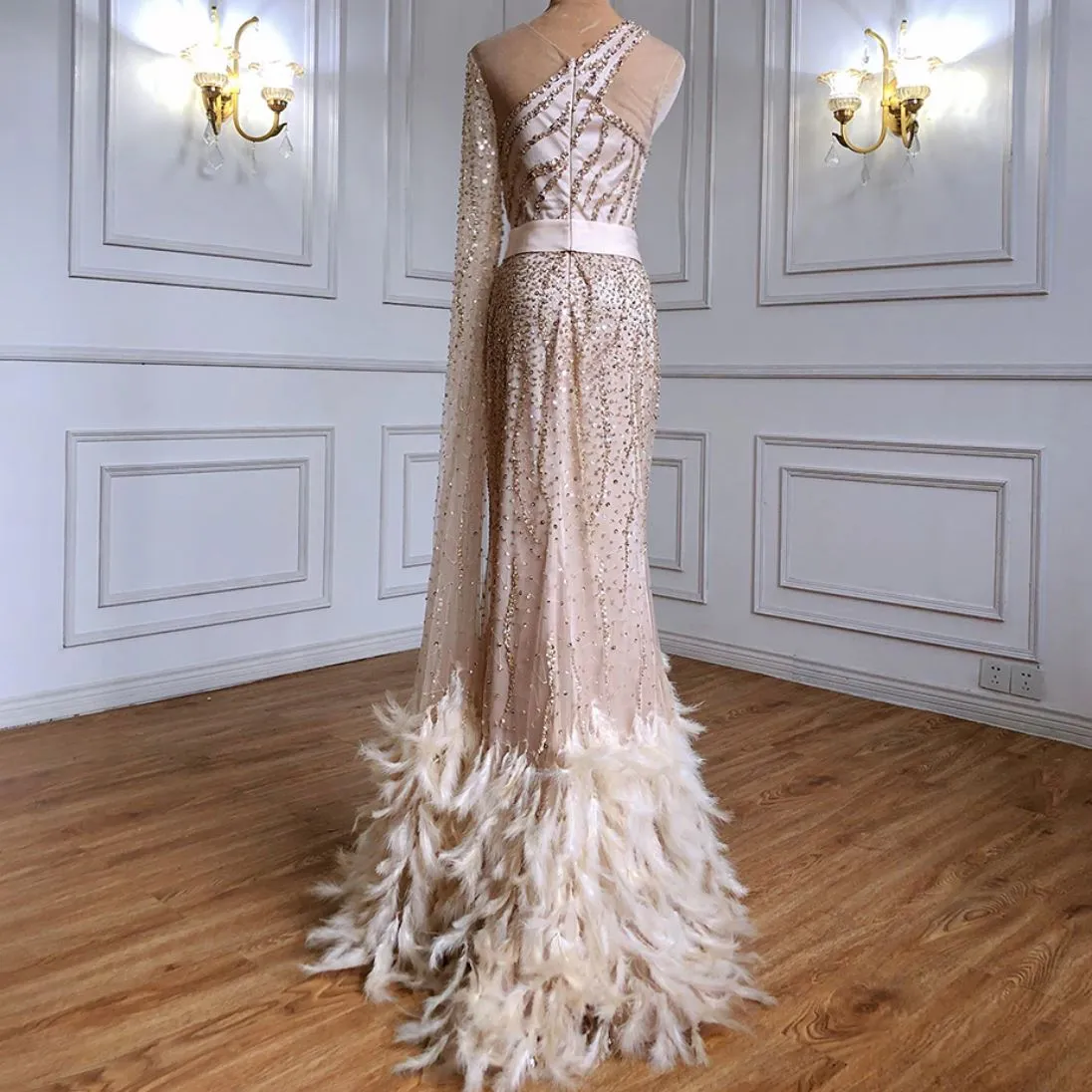 Exquisite Feather Beaded Evening Gown