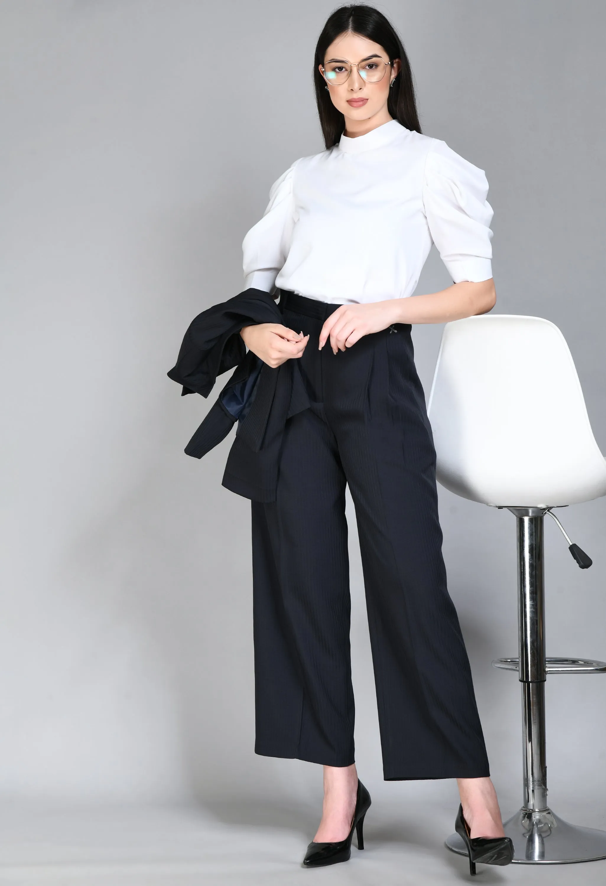 Exude Prowess Striped Wide Leg Trousers (Navy)