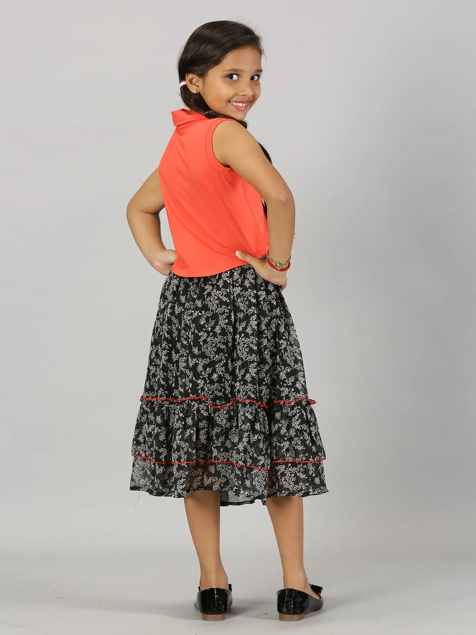 Girls Cropped Print Polo Tee & Frill Layered Flared Skirt Set