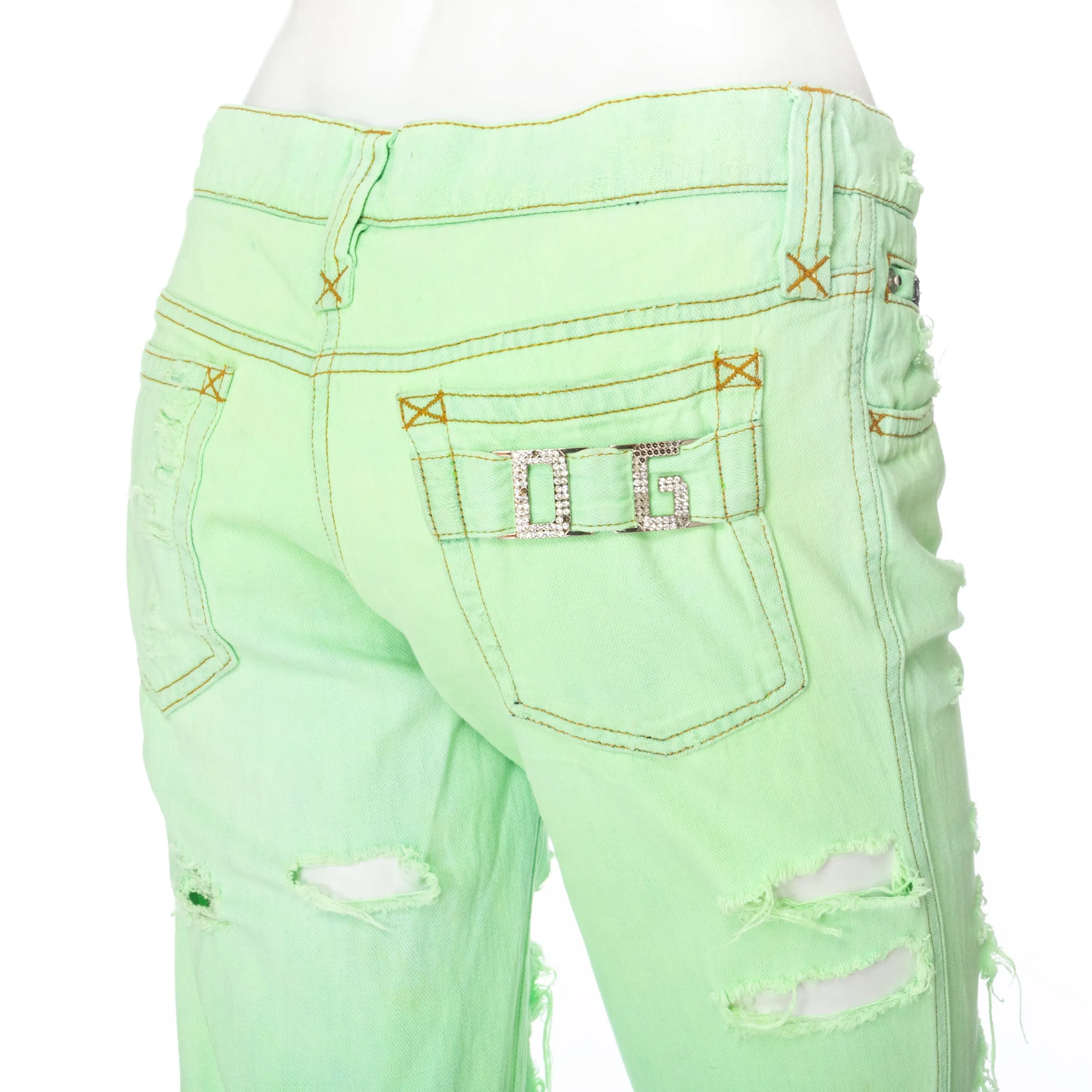 Green Low Rise DG Rhinestone Ripped Jeans