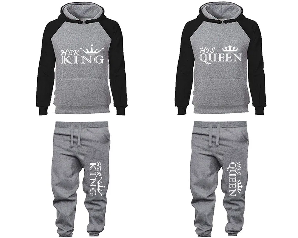 Her King His Queen Couple Matching Top Bottom Set Raglan Hoodies and Jogger Pants