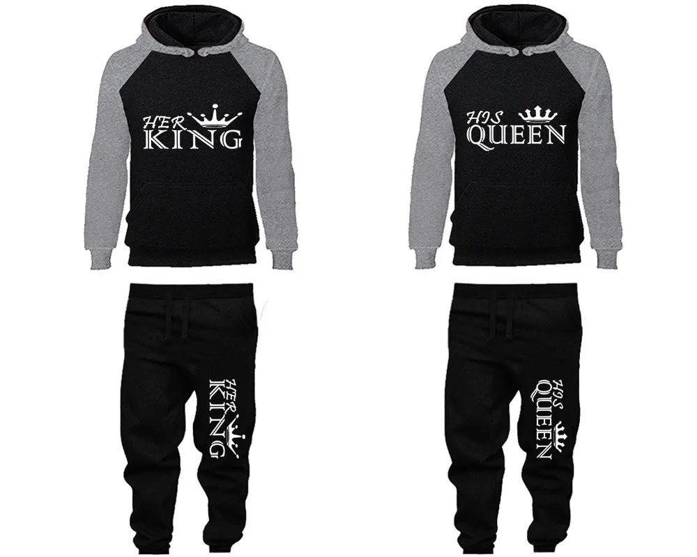 Her King His Queen Couple Matching Top Bottom Set Raglan Hoodies and Jogger Pants