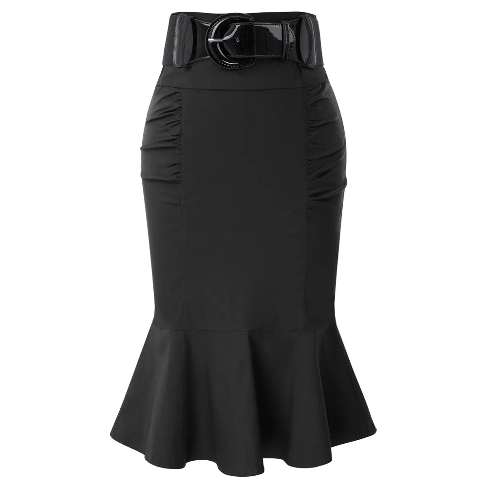 High Waisted Peplum Midi Pencil Skirt Work Business Skirts with Belt