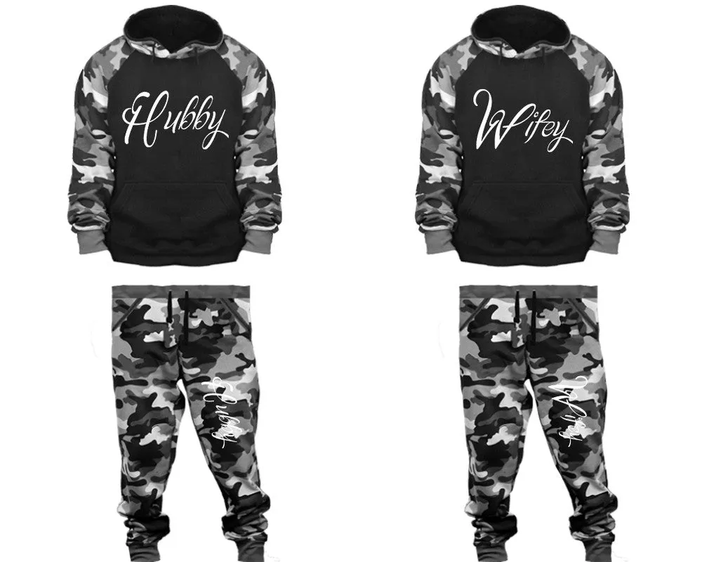 Hubby Wifey Couple Matching Camo Hoodies and Jogger Pants Top & Bottom Sets