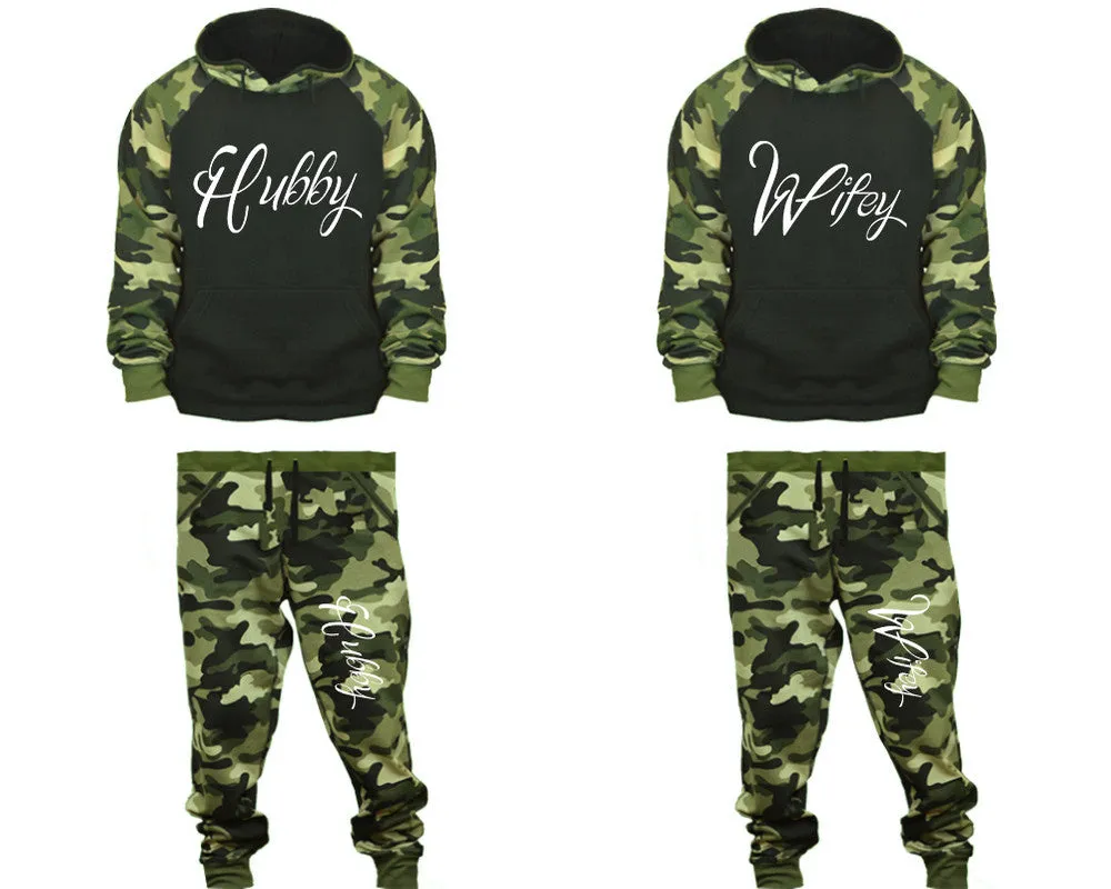 Hubby Wifey Couple Matching Camo Hoodies and Jogger Pants Top & Bottom Sets