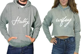 Hubby Wifey Couple Matching Hoodies, Ladies Crop Top Hoodie and Mens Pullover Hoodie