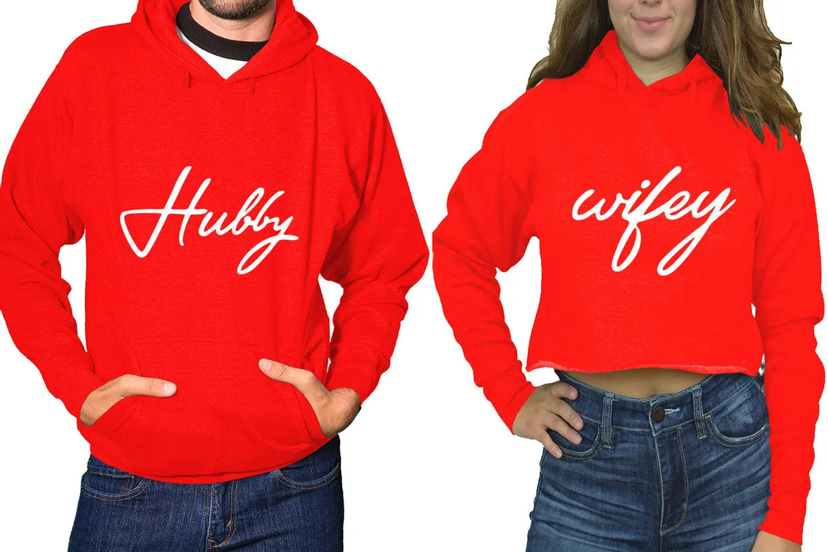 Hubby Wifey Couple Matching Hoodies, Ladies Crop Top Hoodie and Mens Pullover Hoodie