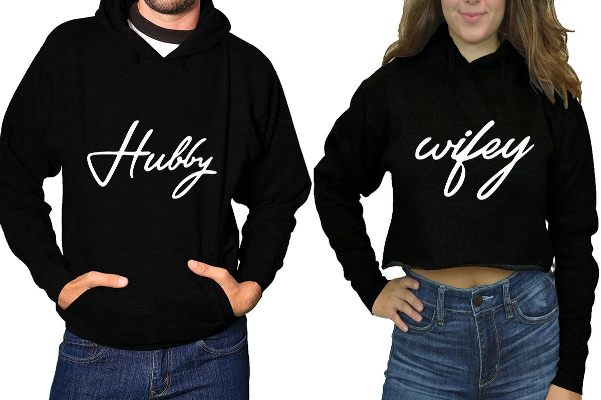 Hubby Wifey Couple Matching Hoodies, Ladies Crop Top Hoodie and Mens Pullover Hoodie