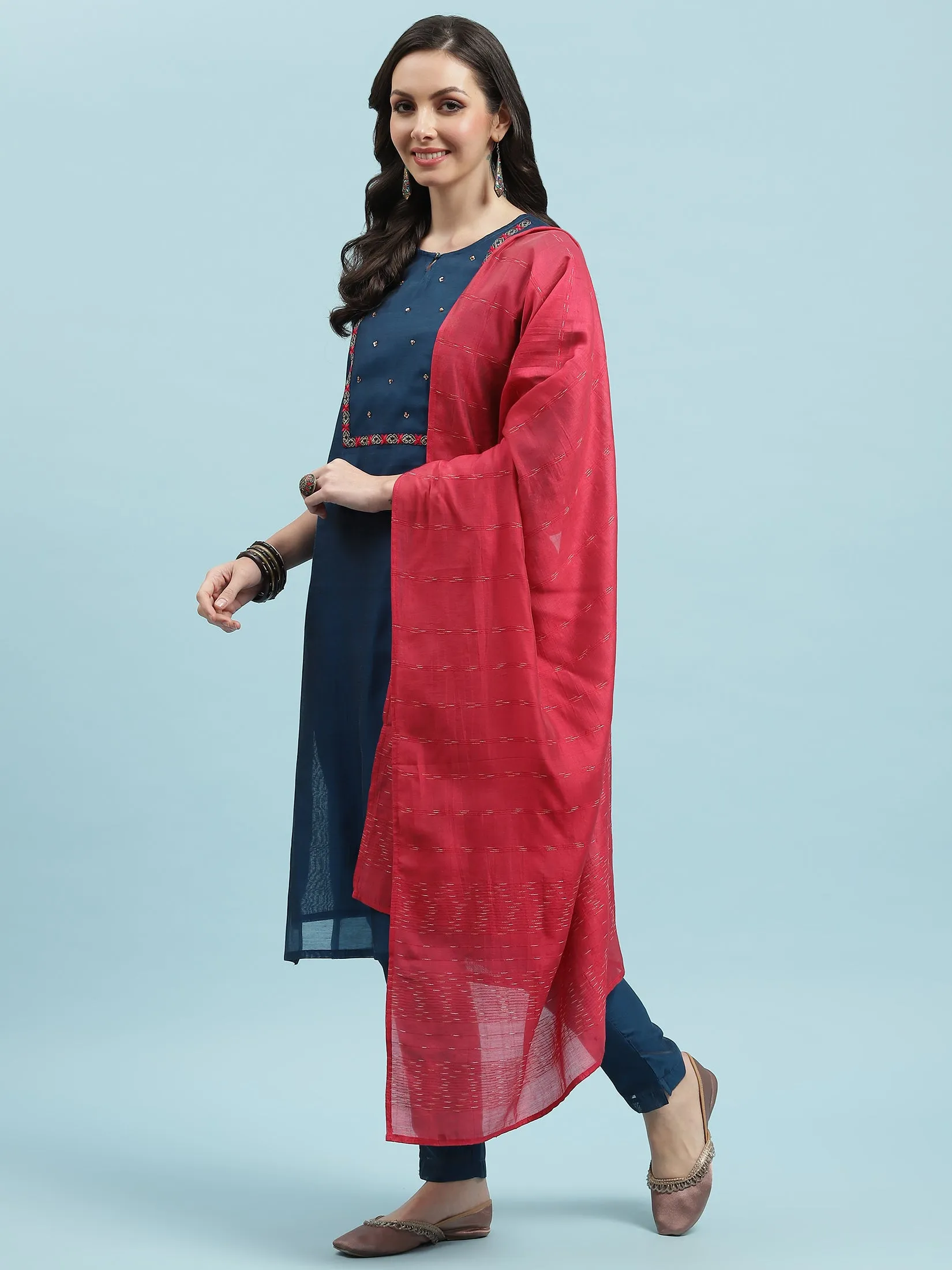 Indiessence Blue Solid Kurta Trouser Dupatta