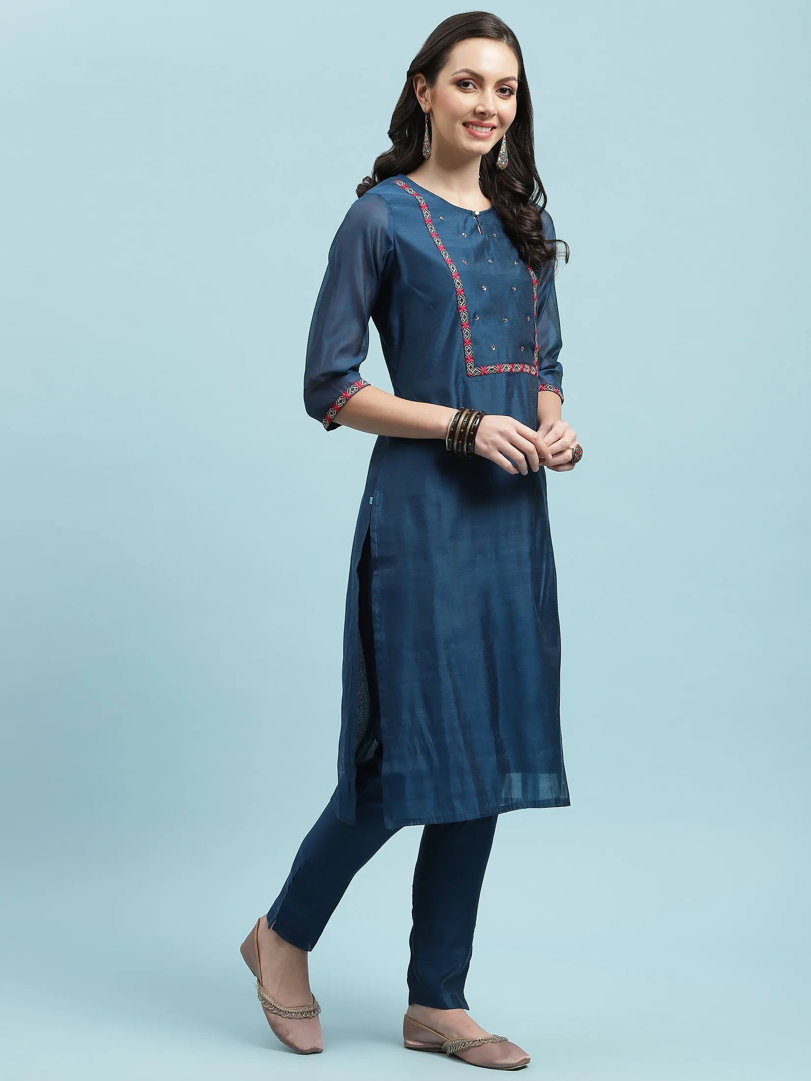 Indiessence Blue Solid Kurta Trouser Dupatta