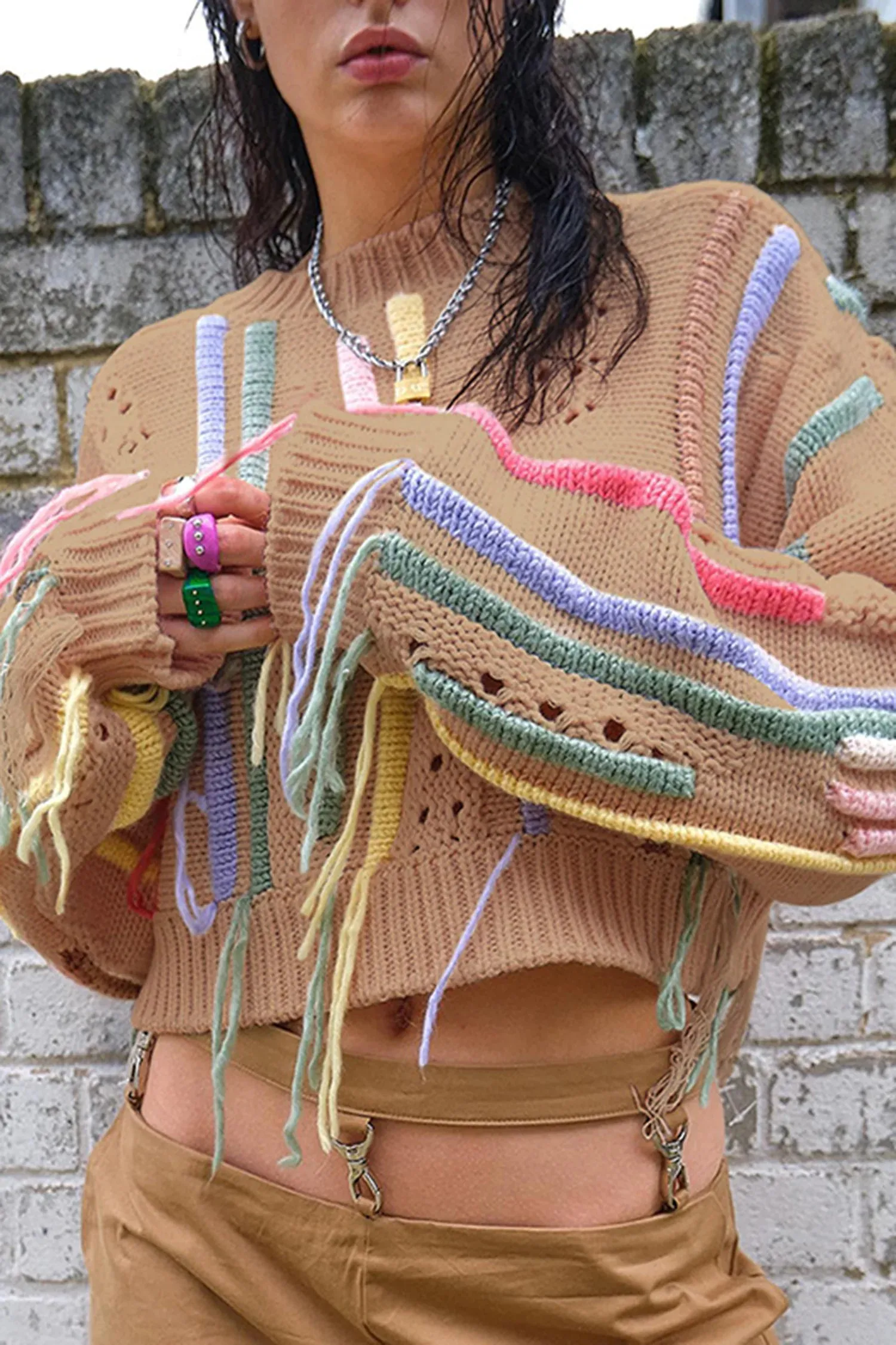 Khaki Fringe Crop Sweater