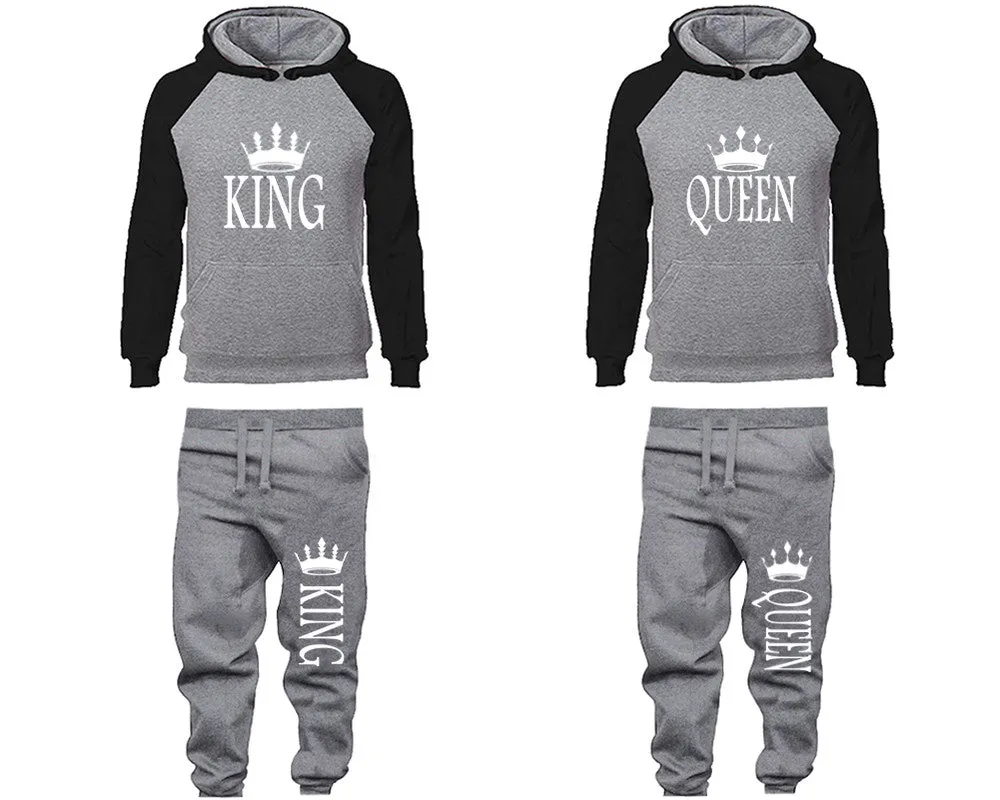 King Queen Couple Matching Top Bottom Set Raglan Hoodies and Jogger Pants