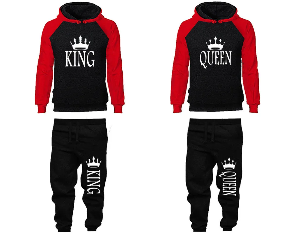 King Queen Couple Matching Top Bottom Set Raglan Hoodies and Jogger Pants