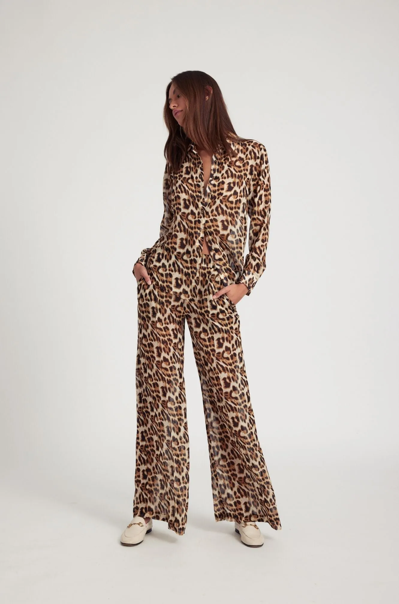 Leopard Silk Wide Leg Trousers