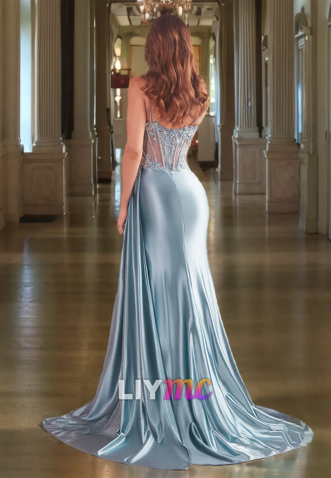 LP2217 - Sweetheart Sleeveless Appliques Sheer Ruched High Slit Prom Dress