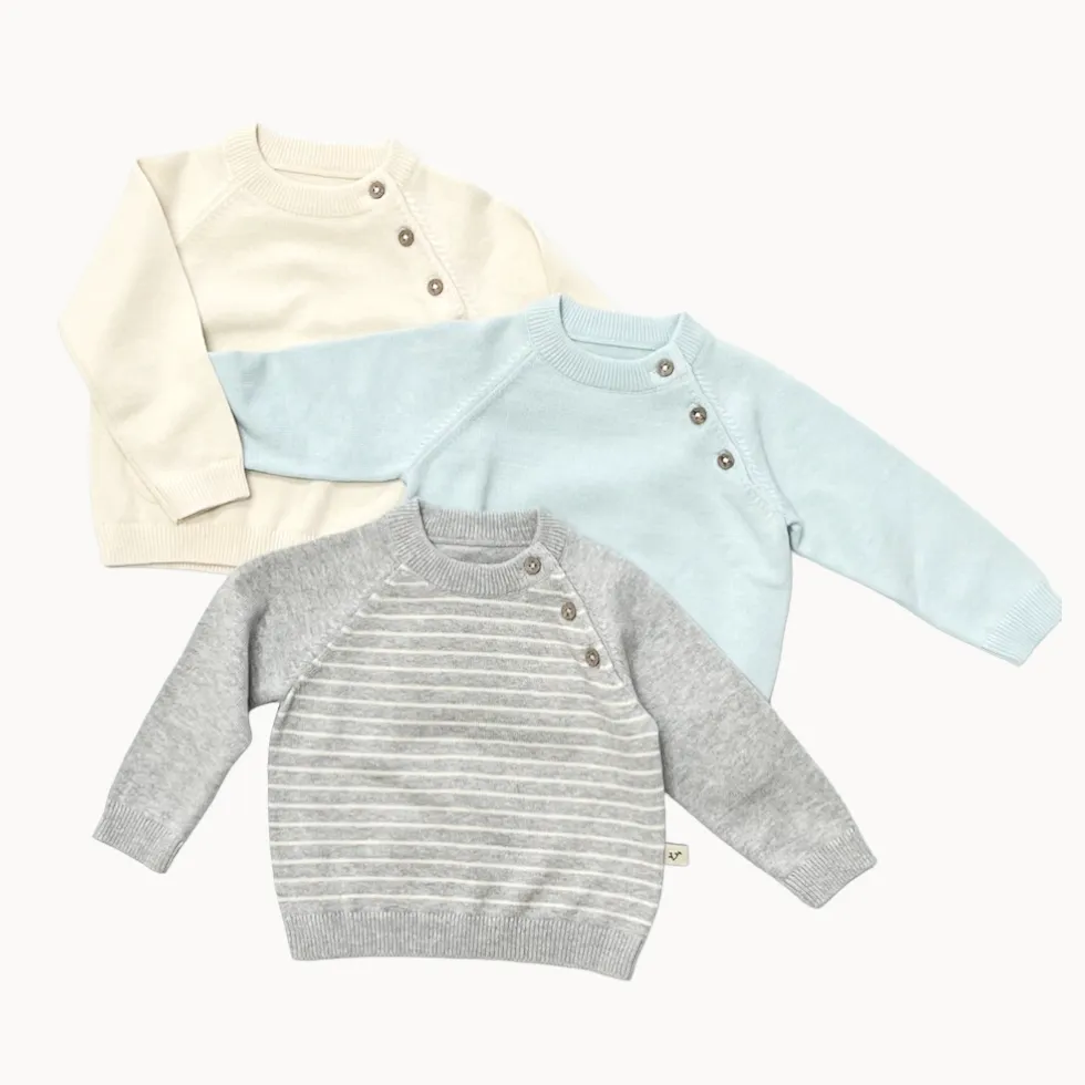 Milan Raglan Button Knit Baby Pullover Sweater (Organic Cotton) - 3 Colors