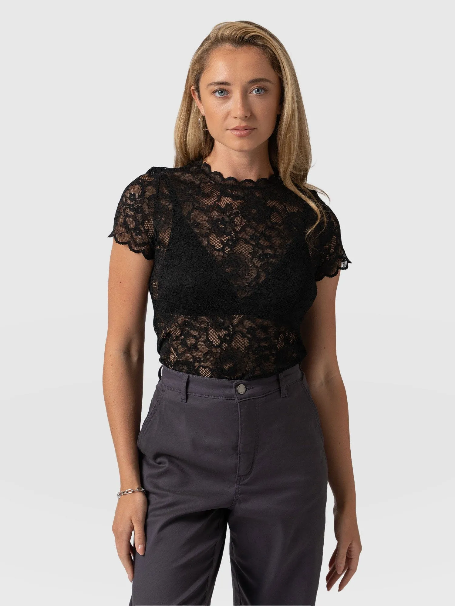 Miranda Lace Short Sleeve Tee - Black