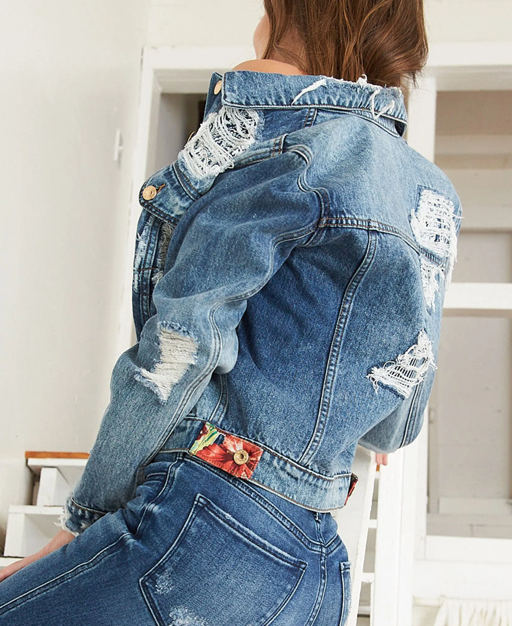 Moving Silence - Distressed Patched Classic Fit Denim Jacket