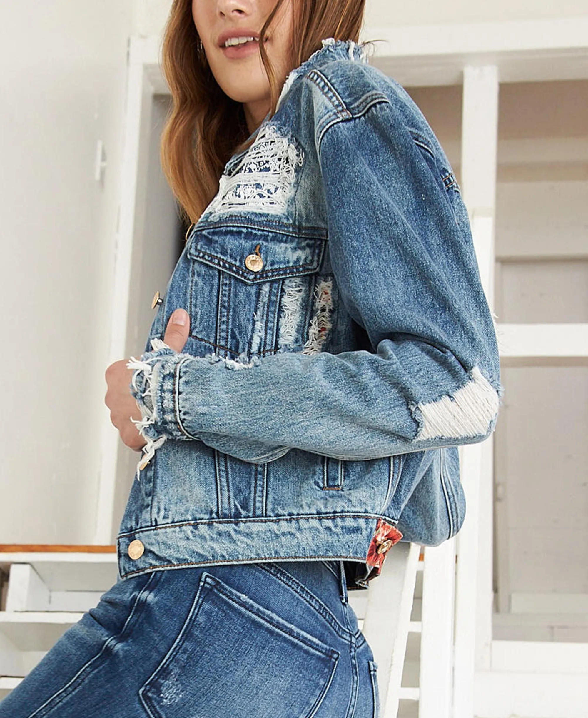 Moving Silence - Distressed Patched Classic Fit Denim Jacket