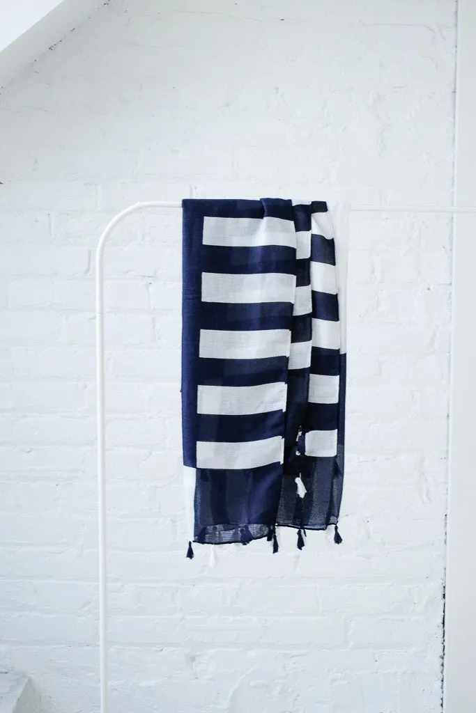 Navy and White Stripe Tassel Scarf