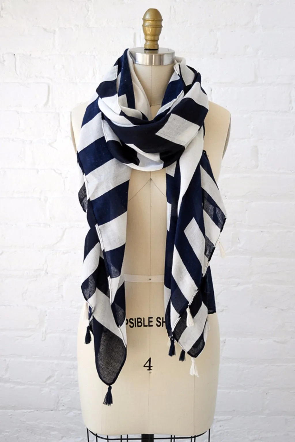 Navy and White Stripe Tassel Scarf