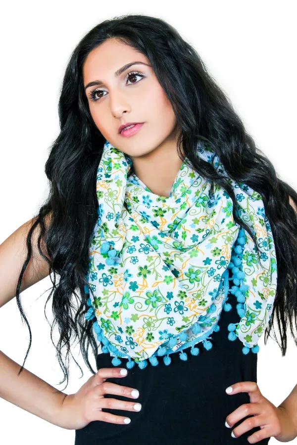 Printed Pompom Cotton Scarf