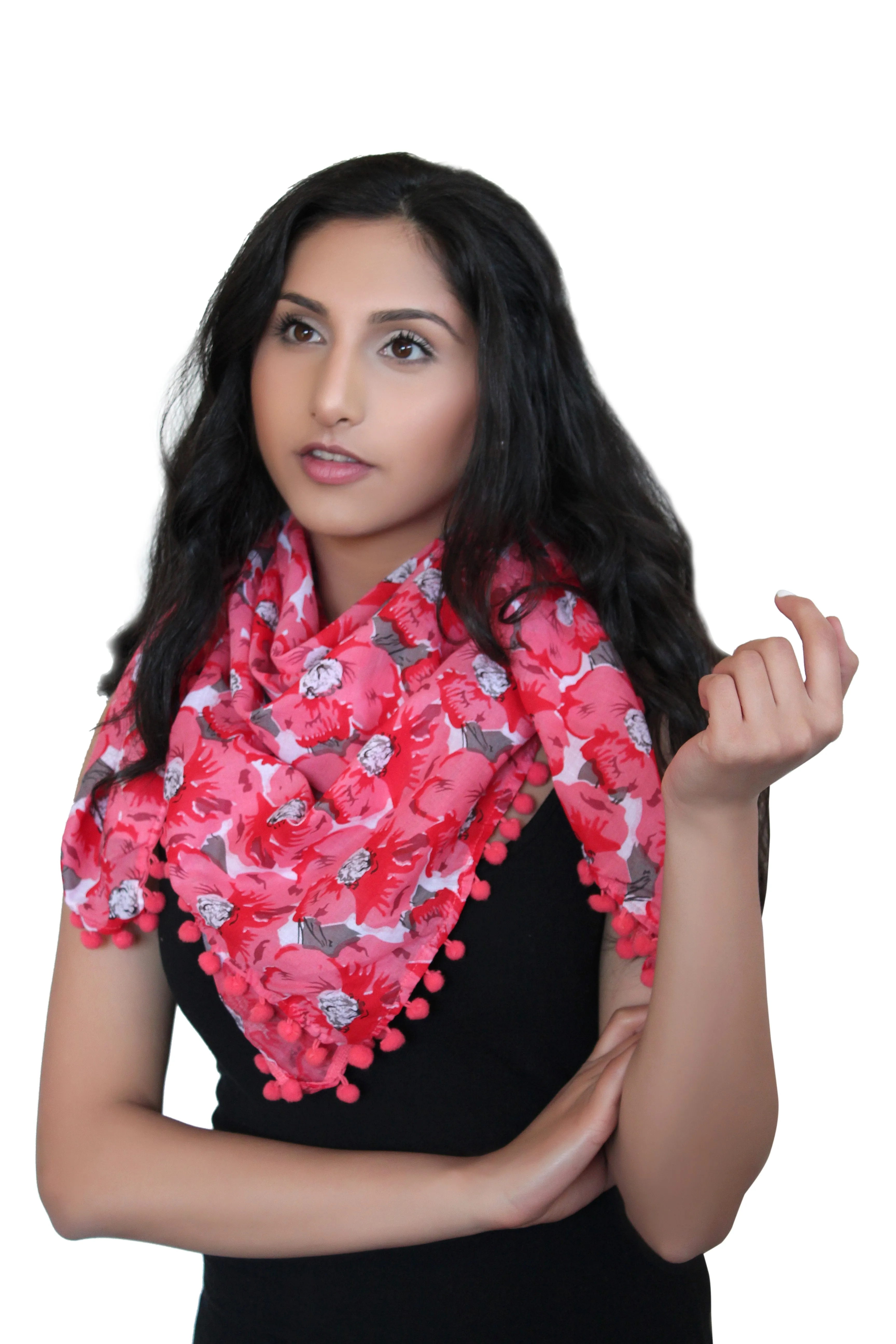 Printed Pompom Cotton Scarf