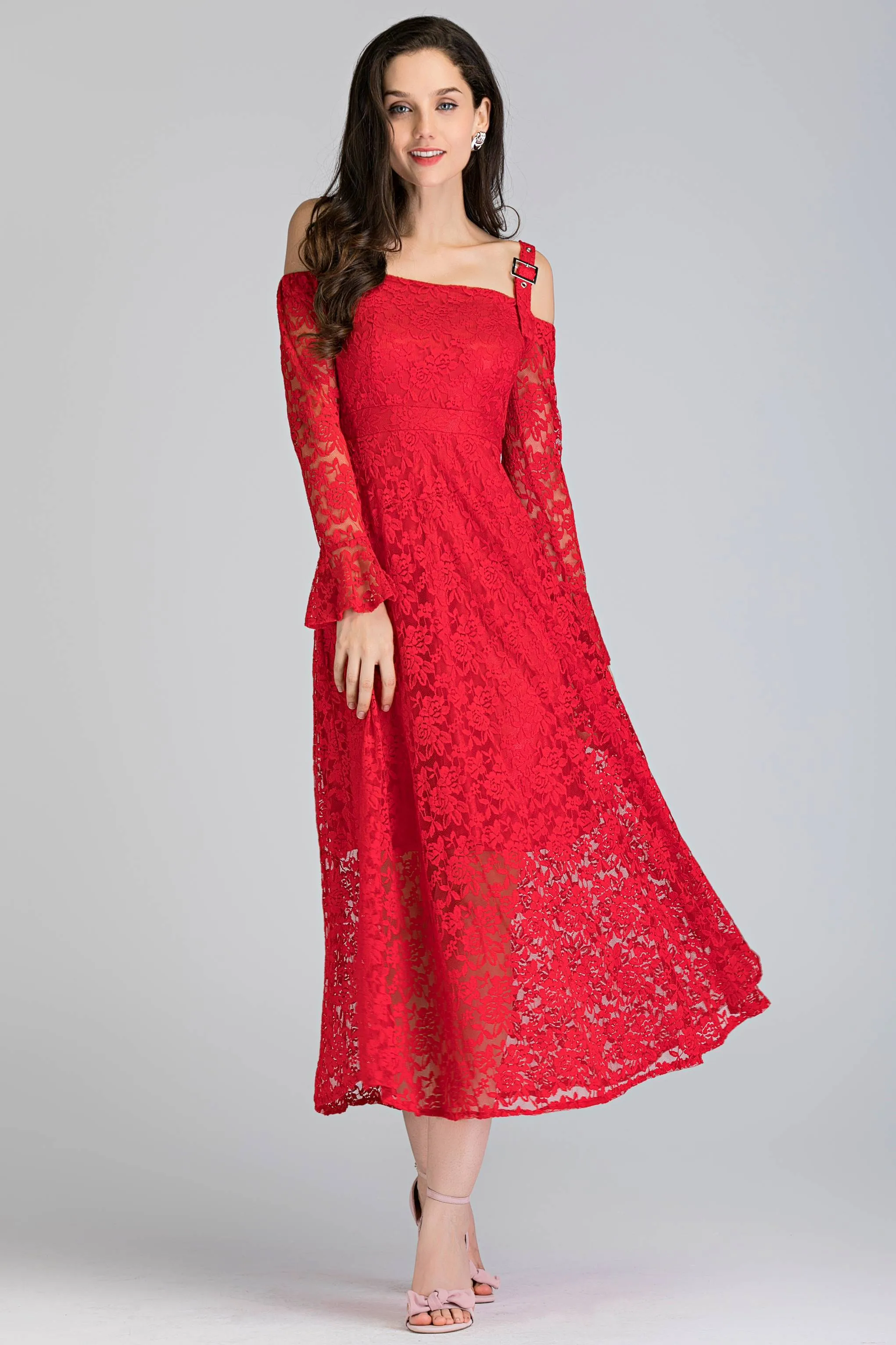 Red Soft Lace Belt Strap Cold Shoulder Maxi Dress