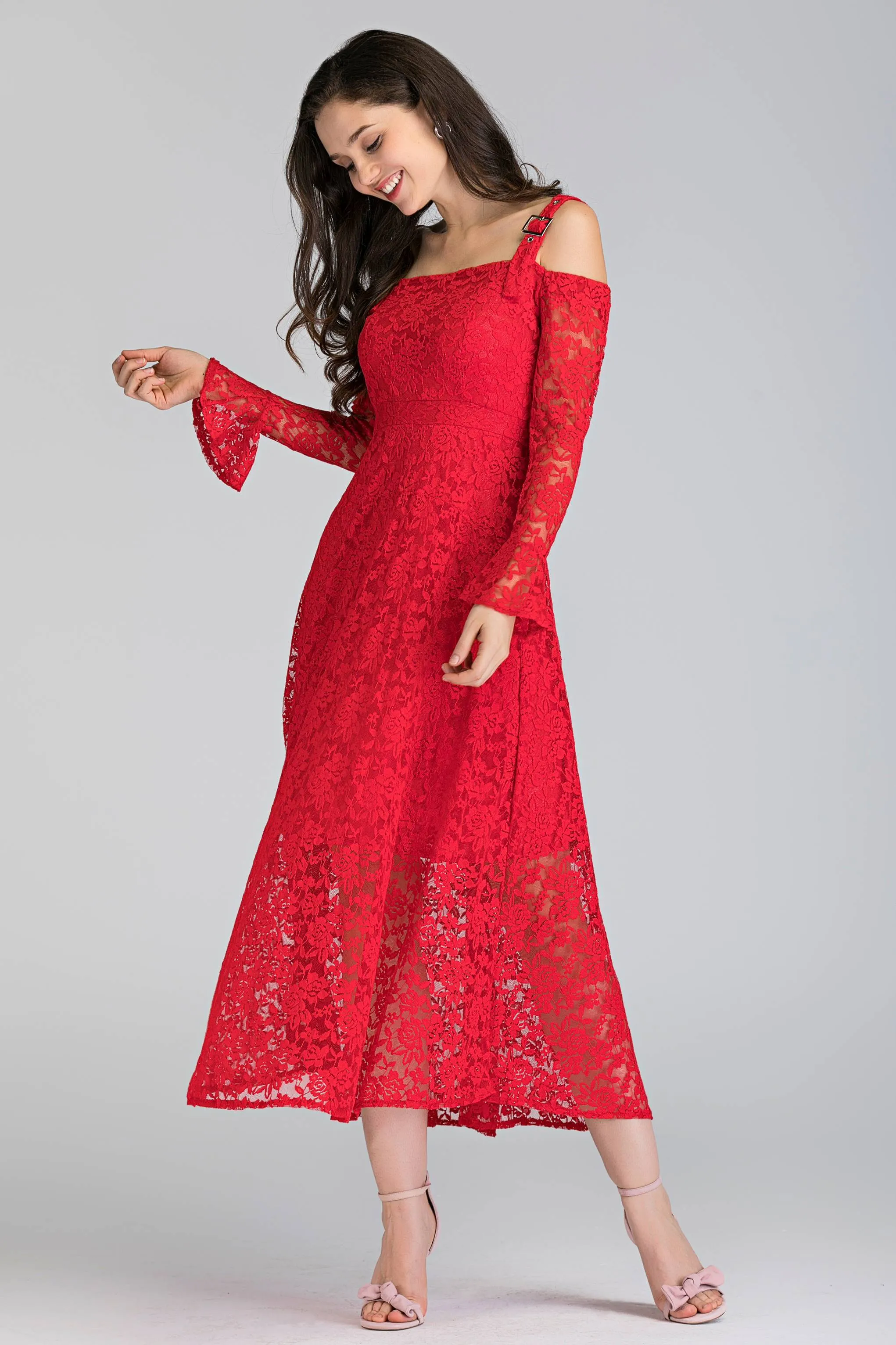 Red Soft Lace Belt Strap Cold Shoulder Maxi Dress