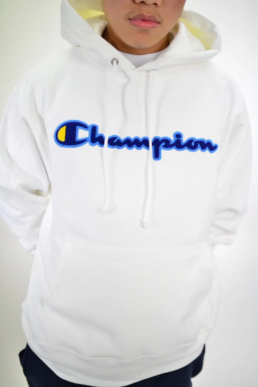 REVERSE WEAVE PULLOVER HOODIE - WHITE/BLUE