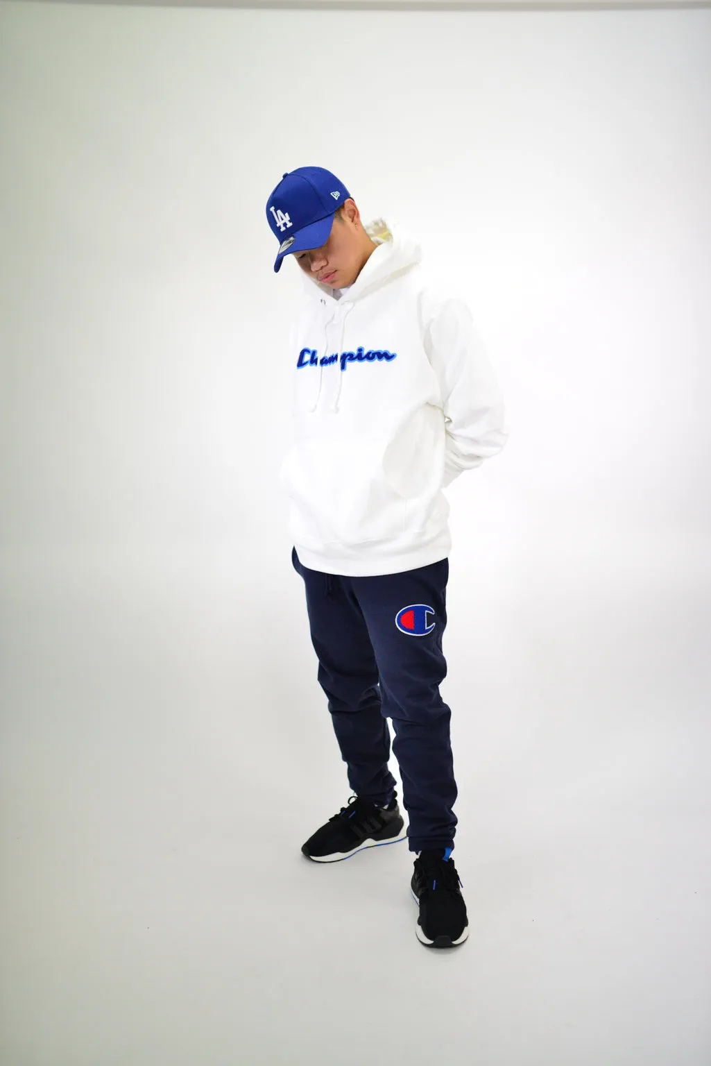 REVERSE WEAVE PULLOVER HOODIE - WHITE/BLUE