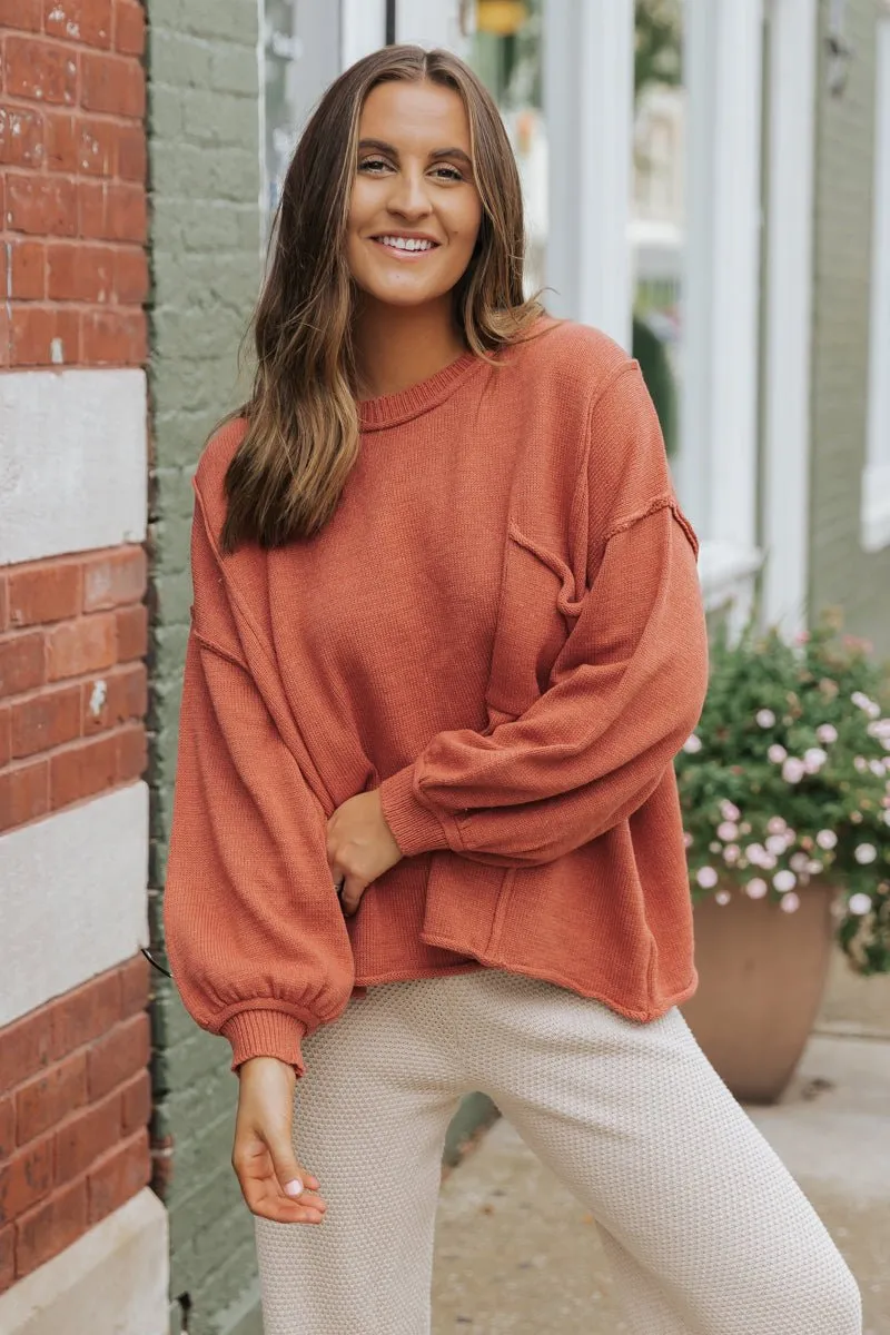 Rust Exposed Seam Pocket Sweater