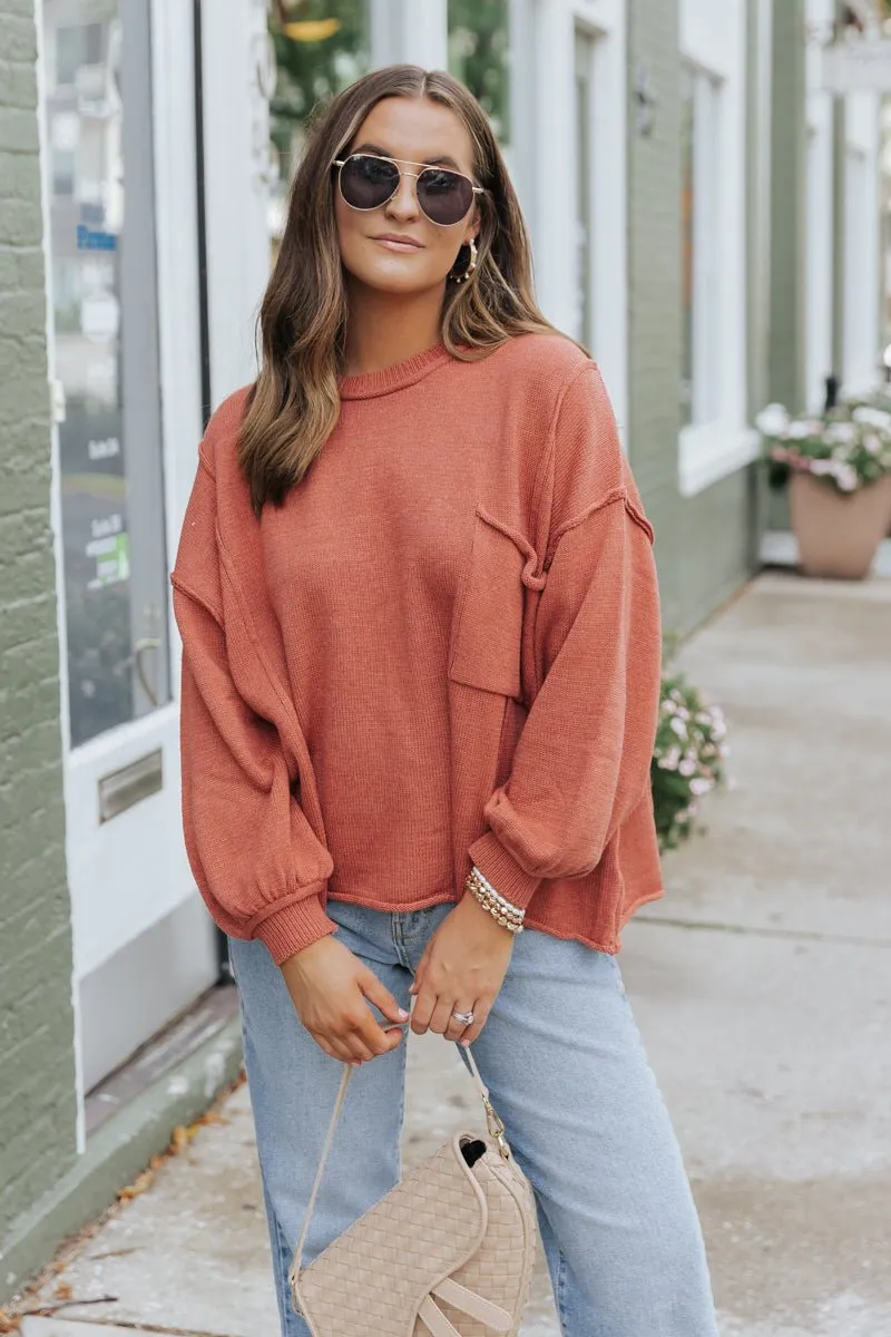 Rust Exposed Seam Pocket Sweater