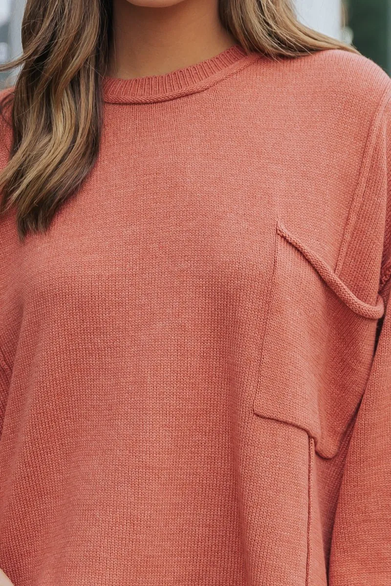 Rust Exposed Seam Pocket Sweater